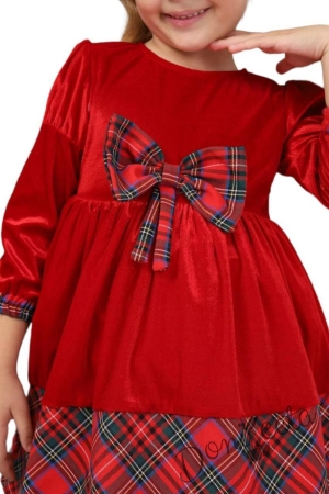 Детска коледна рокля в червено с каре и панделка отпред