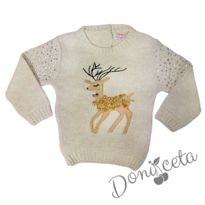 Плетен коледен пуловер в бежово с елен