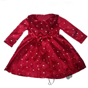 Коледна детска рокля от плюш в червено със звезди