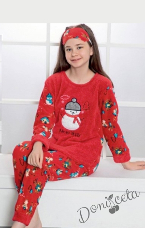 Пухкава пижама за момиче в червено със снежен човек