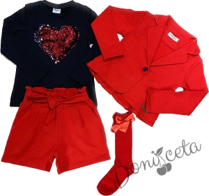 Детски комплект за момиче от къси панталонки, сако в червено, блуза и чорапи