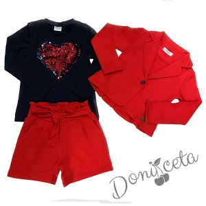 Детски комплект за момиче от къси панталонки, сако в червено и блуза в черно