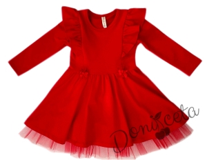Детска рокля в червено с дълъг ръкав с къдрички и тюл