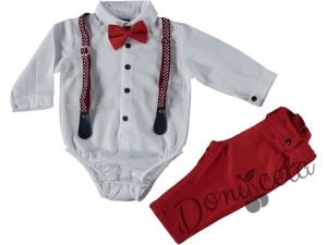 Бебешки комплект от панталон в червено, боди-риза в бяло, тиранти и папийонка 8512558