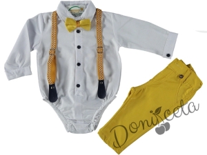 Бебешки комплект от панталон в жълто, боди-риза в бяло, тиранти и папийонка 85125889 1