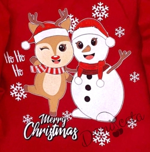 Коледна детска рокля в червено с еленче и снежен човек