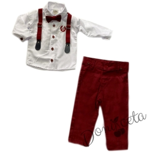 Комплект от панталон в бордо, риза в бяло, тиранти и папийонка