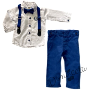 Комплект от панталон в синьо, риза в бяло, тиранти и папийонка