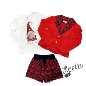 Детски комплект за момиче от къси панталонки, сако в червено с каре и блуза 