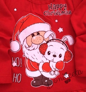 Коледна детска рокля в червено с Дядо Коледа и зайче