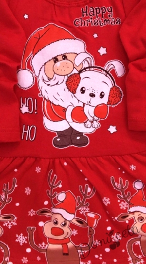 Коледна детска рокля в червено с Дядо Коледа и зайче