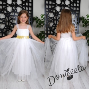 Официална детска дълга рокля без ръкав в бяло Даналия с колан в златисто и тюл 1