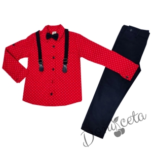 Комплект от панталон в тъмносиньо, риза в червено, папийонка и тиранти 8255247