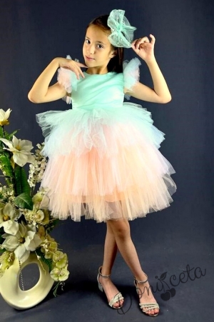 Детска рокля в тюркоаз/мента с многоцветен тюл на пластове