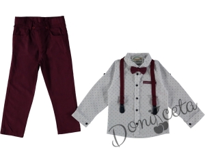 Комплект за момче от риза в бяло, папионка, тиранти и панталони в бордо