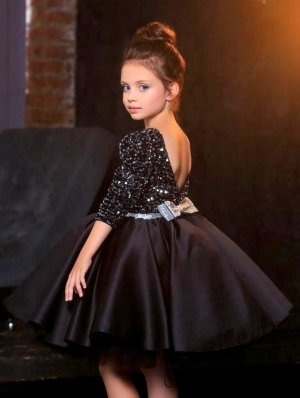 Официална детска рокля с ръкав в черно с пайети 