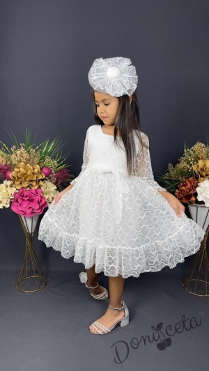 Официална детска рокля с ръкав 7/8 от дантела и тюл в бяло с диадема с панделка 1