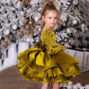Официална детска рокля с дълъг ръкав в златисто с пайети 1