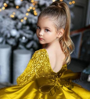 Официална детска рокля с дълъг ръкав в златисто с пайети 3