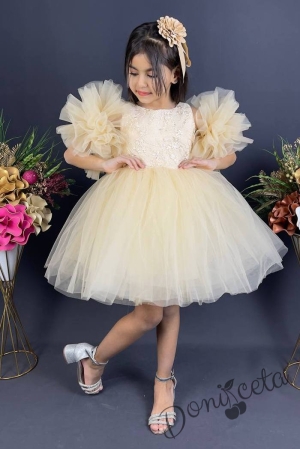 Официална детска рокля с богат тюл в екрю с дантела Мия