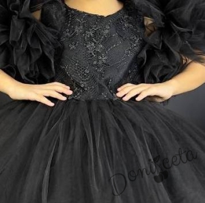 Официална детска рокля с богат тюл в черно с дантела  2