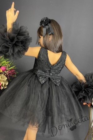 Официална детска рокля с богат тюл в черно с дантела  3