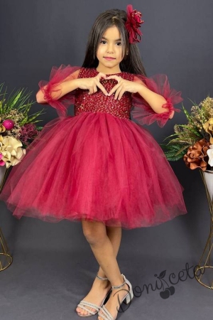 Официална детска рокля Карин с ръкав 7/8 с пайети и тюл в бордо с диадема с панделка