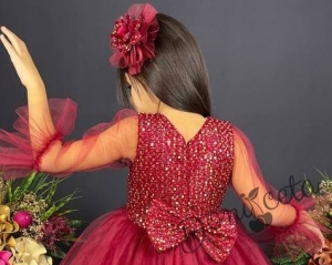 Официална детска рокля Карин с ръкав 7/8 с пайети и тюл в бордо с диадема с панделка 3