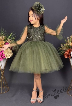Официална детска рокля Карин с ръкав 7/8 с дантела и тюл в зелено с диадема с панделка 1