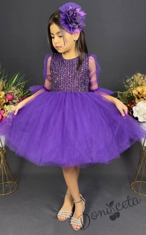 Официална детска рокля с ръкав 7/8 от пайети и тюл в лилаво с диадема с панделка 1