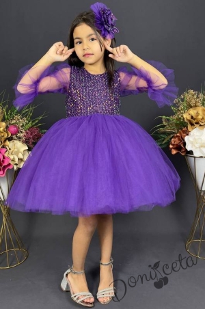 Официална детска рокля с ръкав 7/8 от пайети и тюл в лилаво с диадема с панделка 3