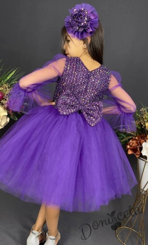 Официална детска рокля с ръкав 7/8 от пайети и тюл в лилаво с диадема с панделка 6