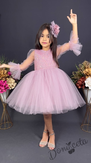 Официална детска рокля Карин с ръкав 7/8 с пайети и тюл в розово с диадема с панделка 1