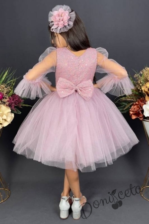 Официална детска рокля Карин с ръкав 7/8 с пайети и тюл в розово с диадема с панделка 4