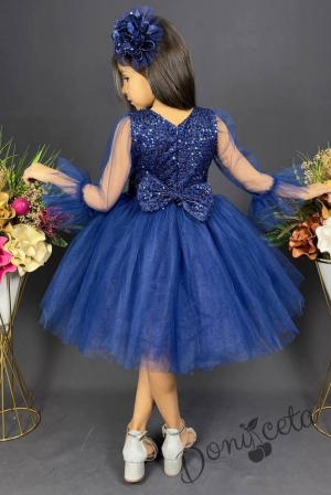 Официална детска рокля Карин с ръкав 7/8 с пайети и тюл в синьо с диадема с панделка 4