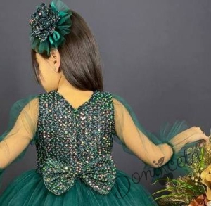 Официална детска рокля Карин с ръкав 7/8 с пайети и тюл в тъмнозелено с диадема с панделка 4