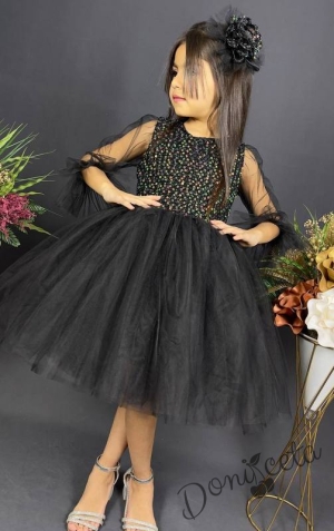 Официална детска рокля Карин с ръкав 7/8 с пайети и тюл в черно с диадема с панделка