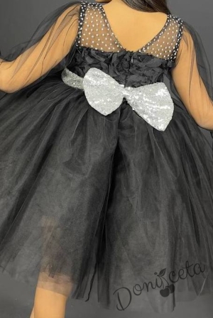 Официална детска рокля с ръкав 7/8 с тюл в черно и панделка за коса