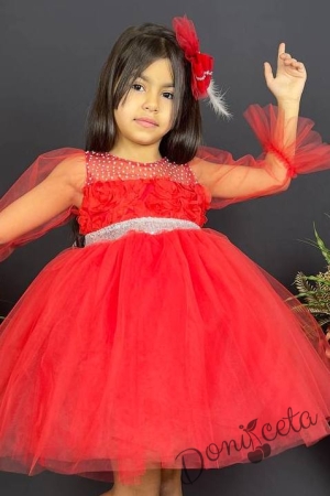 Официална детска рокля с ръкав 7/8 с тюл в червено и панделка за коса2