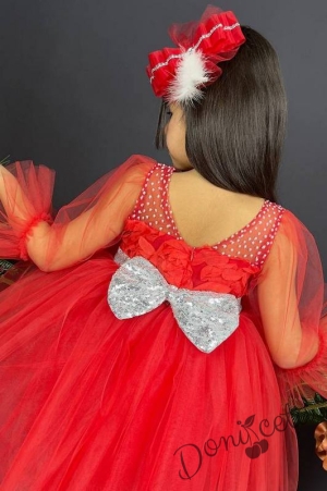 Официална детска рокля с ръкав 7/8 с тюл в червено и панделка за коса3
