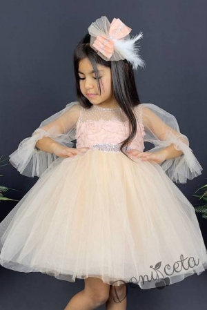 Официална детска рокля с ръкав 7/8 с тюл в прасковено и панделка за коса2