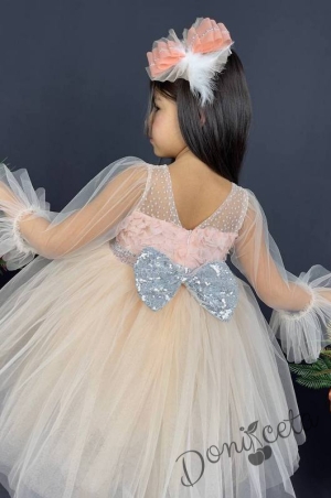 Официална детска рокля с ръкав 7/8 с тюл в прасковено и панделка за коса4