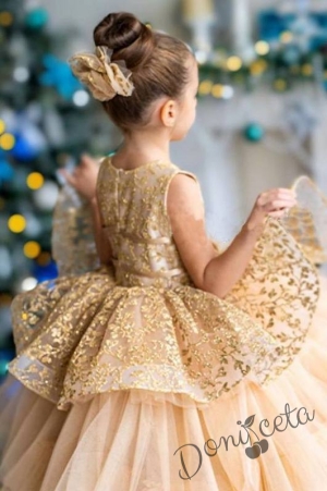 Официална детска дълга рокля в златисто с тюл на пластове3