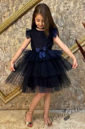 Официална детска рокля с къс ръкав в тъмносиньо на пластове Хера 1