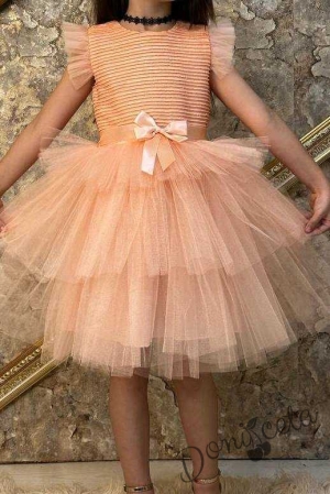 Официална детска рокля с къс ръкав в прасковено на пластове Хера 3