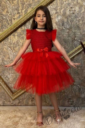 Официална детска рокля с къс ръкав в червено на пластове Хера