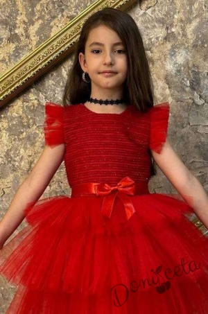 Официална детска рокля с къс ръкав в червено на пластове Хера 2