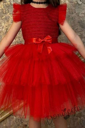 Официална детска рокля с къс ръкав в червено на пластове Хера 3