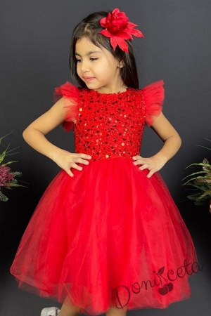 Официална детска рокля в червено с тюл и панделка за коса2