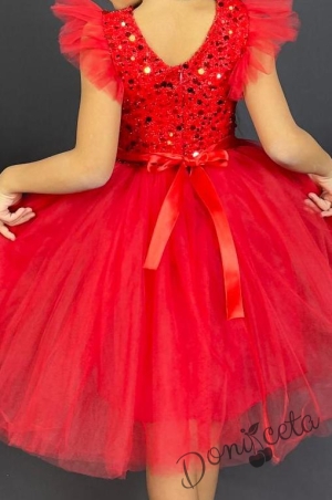 Официална детска рокля в червено с тюл и панделка за коса5